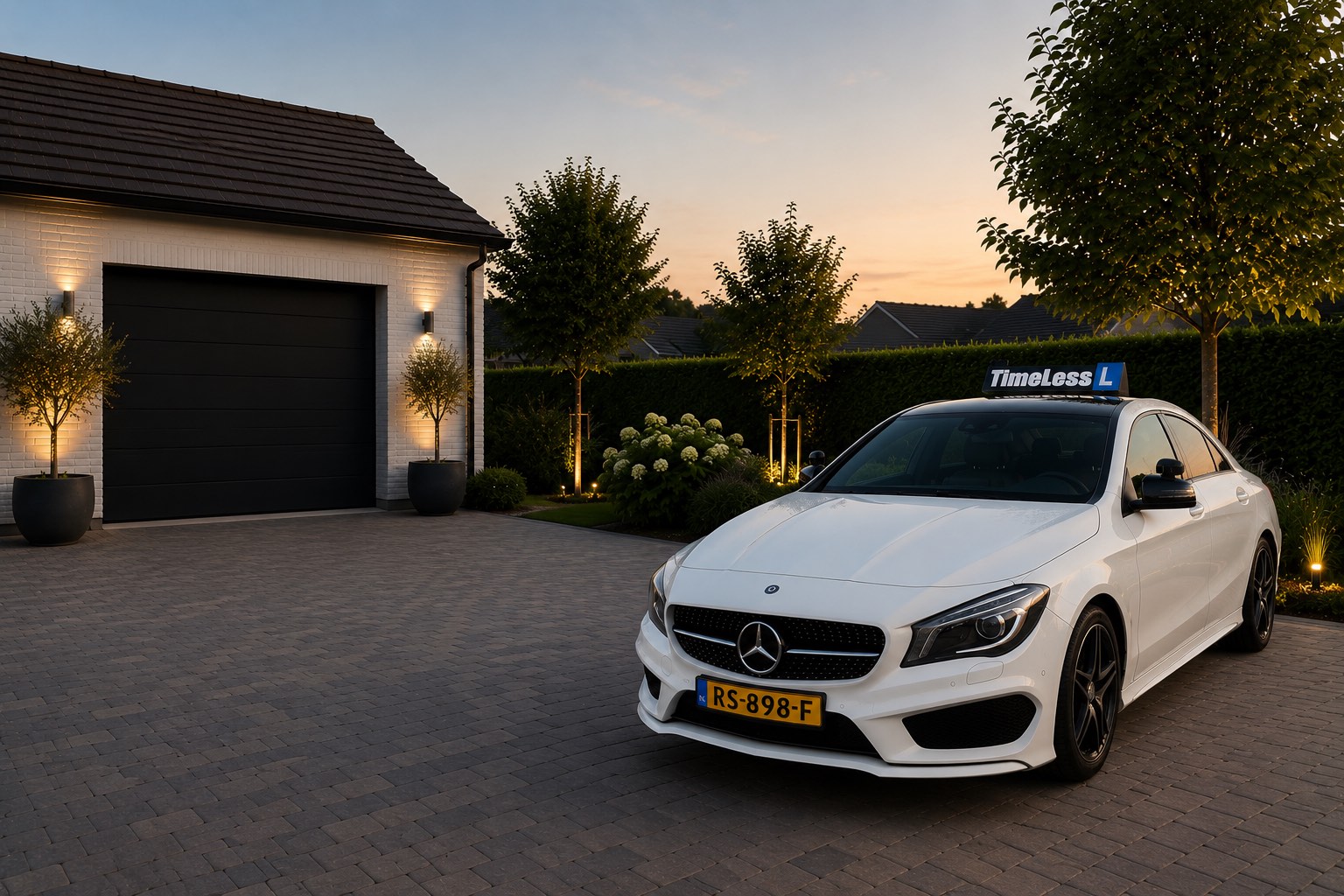 Witte TimeLess-lesauto bij zonsondergang